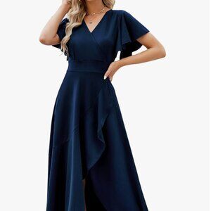 ZZV Split Elegant V Neck Wrap Ruffle Wedding Guest Dresses (Navy, L)